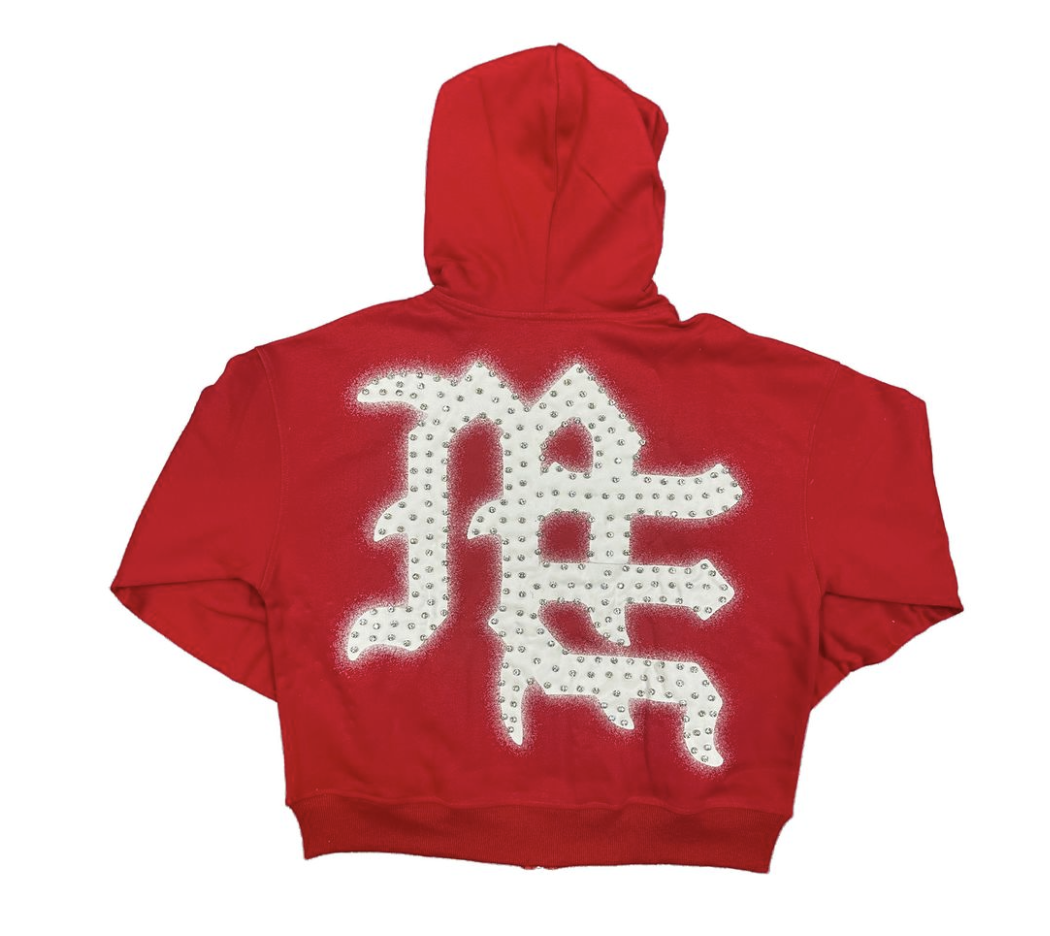 Mixed Emotion Red ‘End’ Rhinestone hoodie