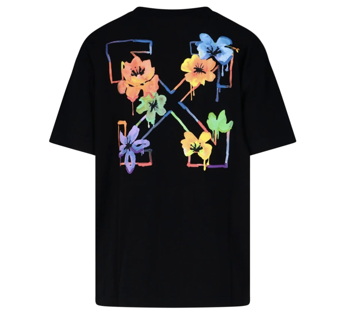 OFF-WHITE Multi Color Flower Black Tee