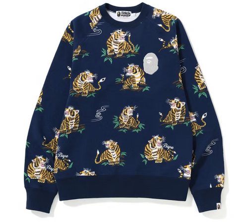 BAPE Tiger Pattern Crewneck Navy