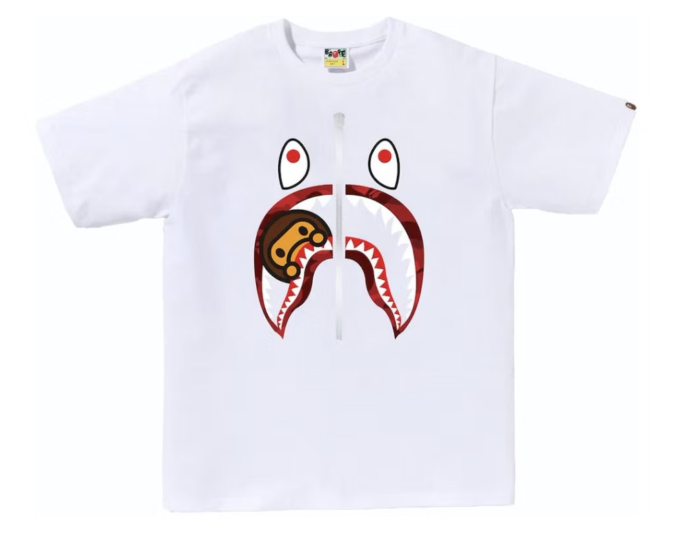 BAPE Red Camo Milo Shark White Tee