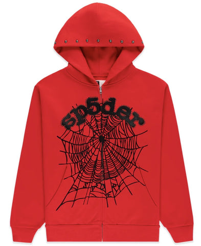 Sp5der Red OG WEB STUDDED ZIP HOODIE