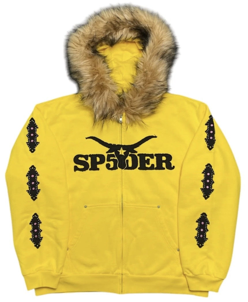 Sp5der Yellow Fur Zip Up Hoodie