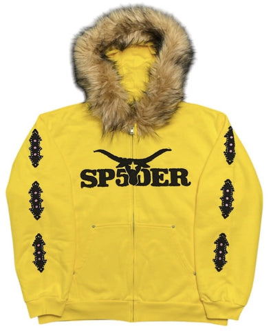 Sp5der Yellow Fur Zip Up Hoodie