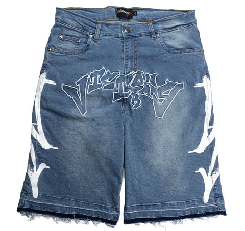 Visionary Club SEA BREEZE BLUE “GRAFFITI BLITZ” LONG STRAIGHT DENIM SHORTS