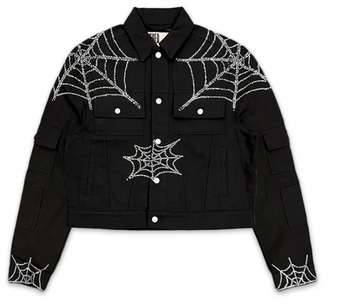 Sp5der Web Denim Cropped Trucker Jacket Black