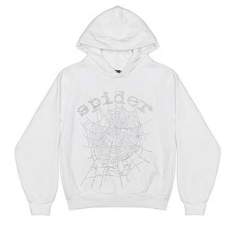 Sp5der OG Rhinestone Logo Hoodie White