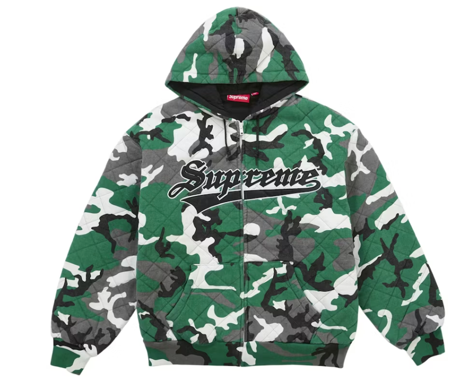 Supreme Quilted Zip Up Hooded Sweatshirt Green Camo
