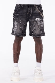 GUAPI Obsidian Black Faded Cross Denim Shorts