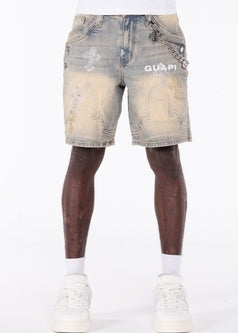 GUAPI Faded Cross Denim Shorts