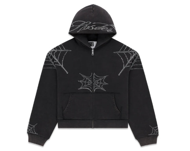 Sp5der Rhinestone Web Zip Hoodie Black