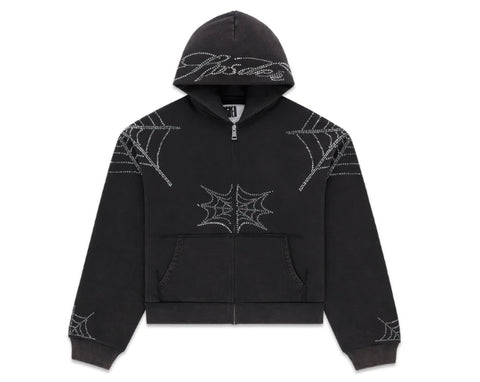Sp5der Rhinestone Web Zip Hoodie Black