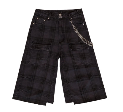 Bravest Studios Black Plaid Baggy Cargo Shorts With Chain