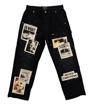 Mixed Emotion Black Newspaper Carpenter Pants