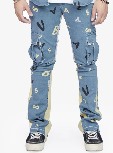 Valabasas “PUZZLED” SKY BLUE V CAMO STACKED FLARE JEAN