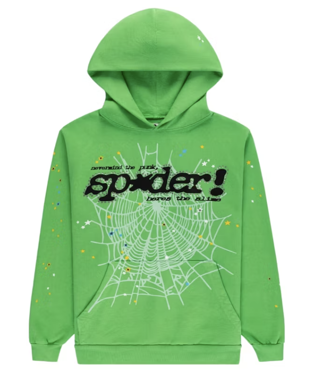 Sp5der Punk V2 Rhinestone Hoodie Bright Green