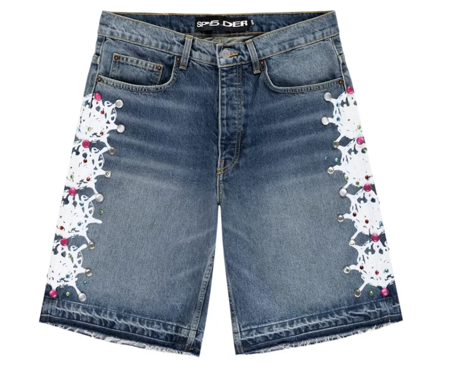Sp5der Web Stone Denim Shorts Light Blue Wash
