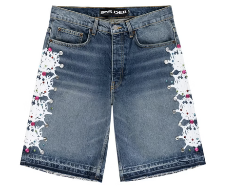 Sp5der Web Stone Denim Shorts Light Blue Wash
