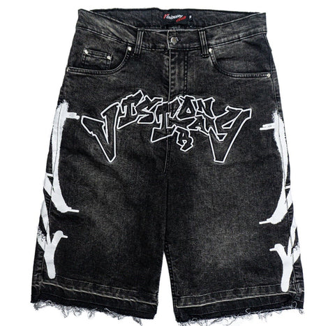 Visionary Club PHANTOM GREY “GRAFFITI BLITZ” LONG STRAIGHT DENIM SHORTS