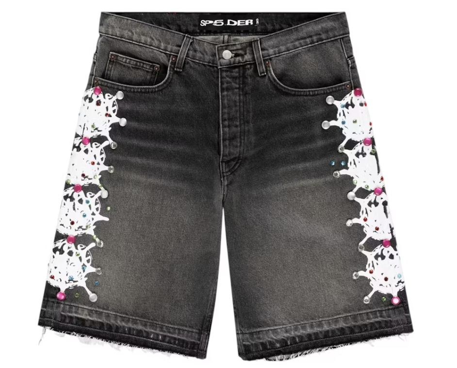 Sp5der Web Stone Denim Shorts Black Wash