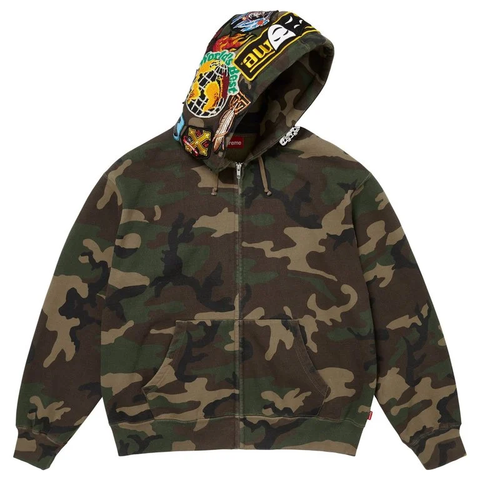 Supreme Patches Zip Up Hooded Sweatshirt Woodland Camo